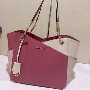 Michael Kors Tote Bag Leather Medium Pink with Beige